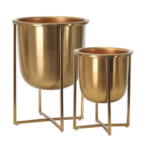 S/2 Metal Planters On Stand 13/10"H, Gold - ReeceFurniture.com