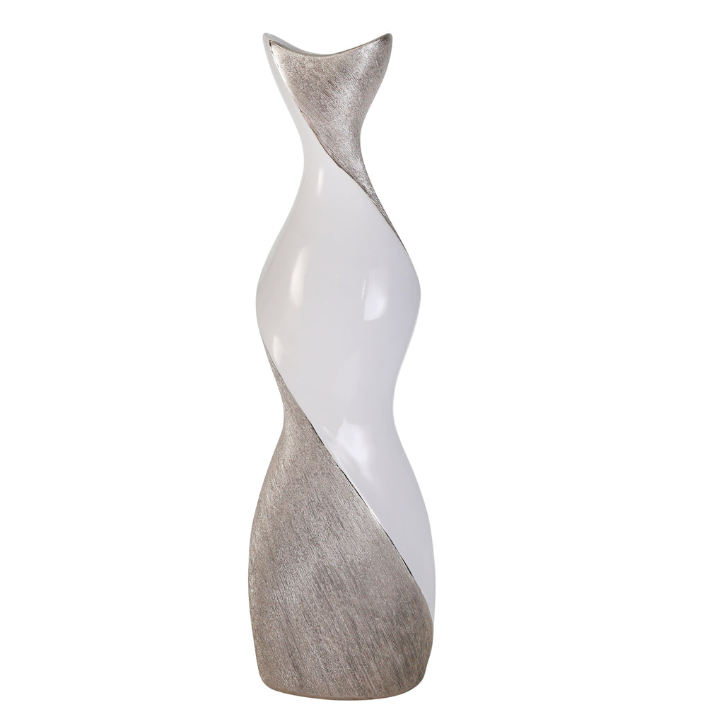 Ceramic 24" Twist Vase, White/Silver - ReeceFurniture.com