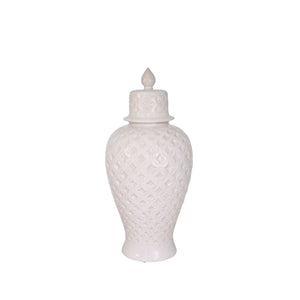 Ceramic 20" Lattice Covered Jar, Ivory - ReeceFurniture.com