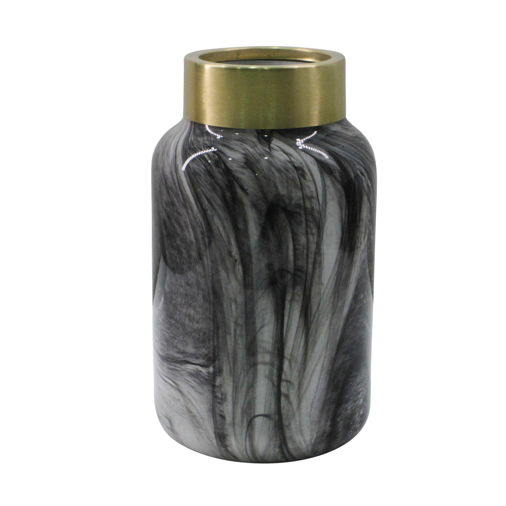 Glass 10", Covered Jar, Black/Gold - ReeceFurniture.com