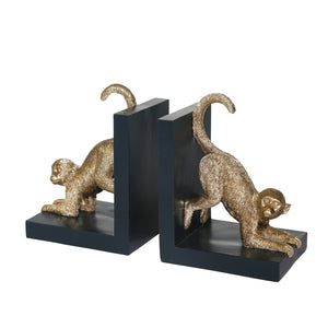 S/2, Resin 8"H  Monkey Bookends, Gold - ReeceFurniture.com