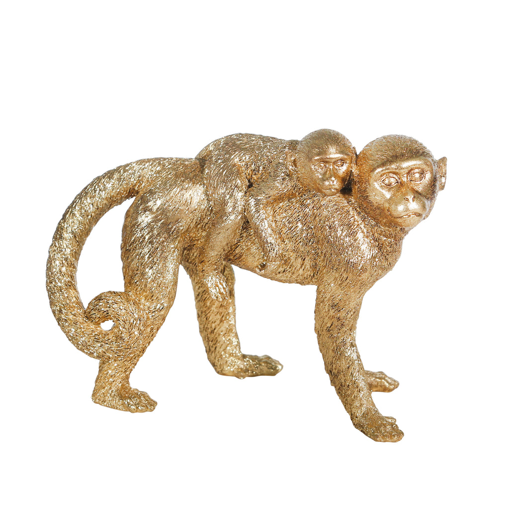 Resin 6.5" Monkey Mother W/ Baby ,Gold - ReeceFurniture.com