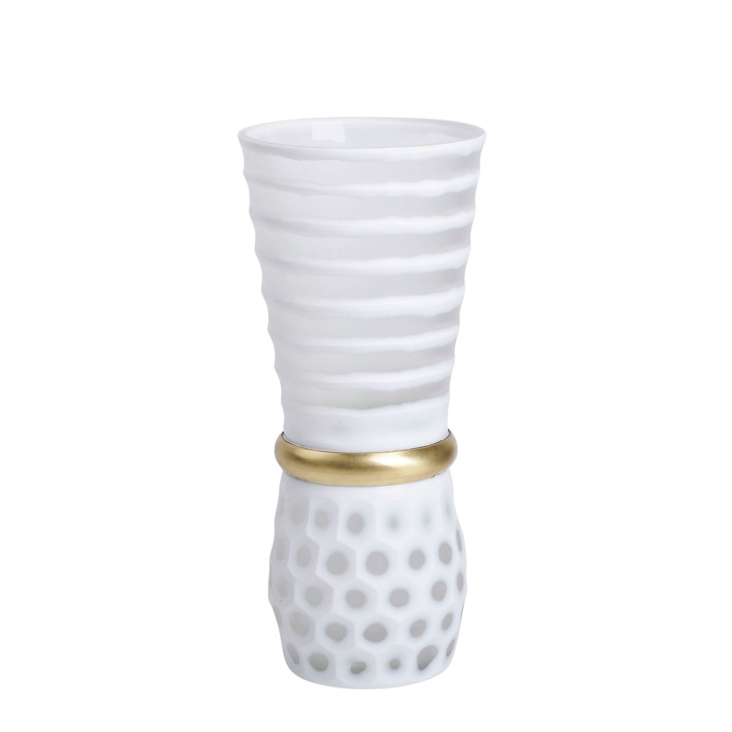 Glass 14" Vase W/ Gold Band, White - ReeceFurniture.com