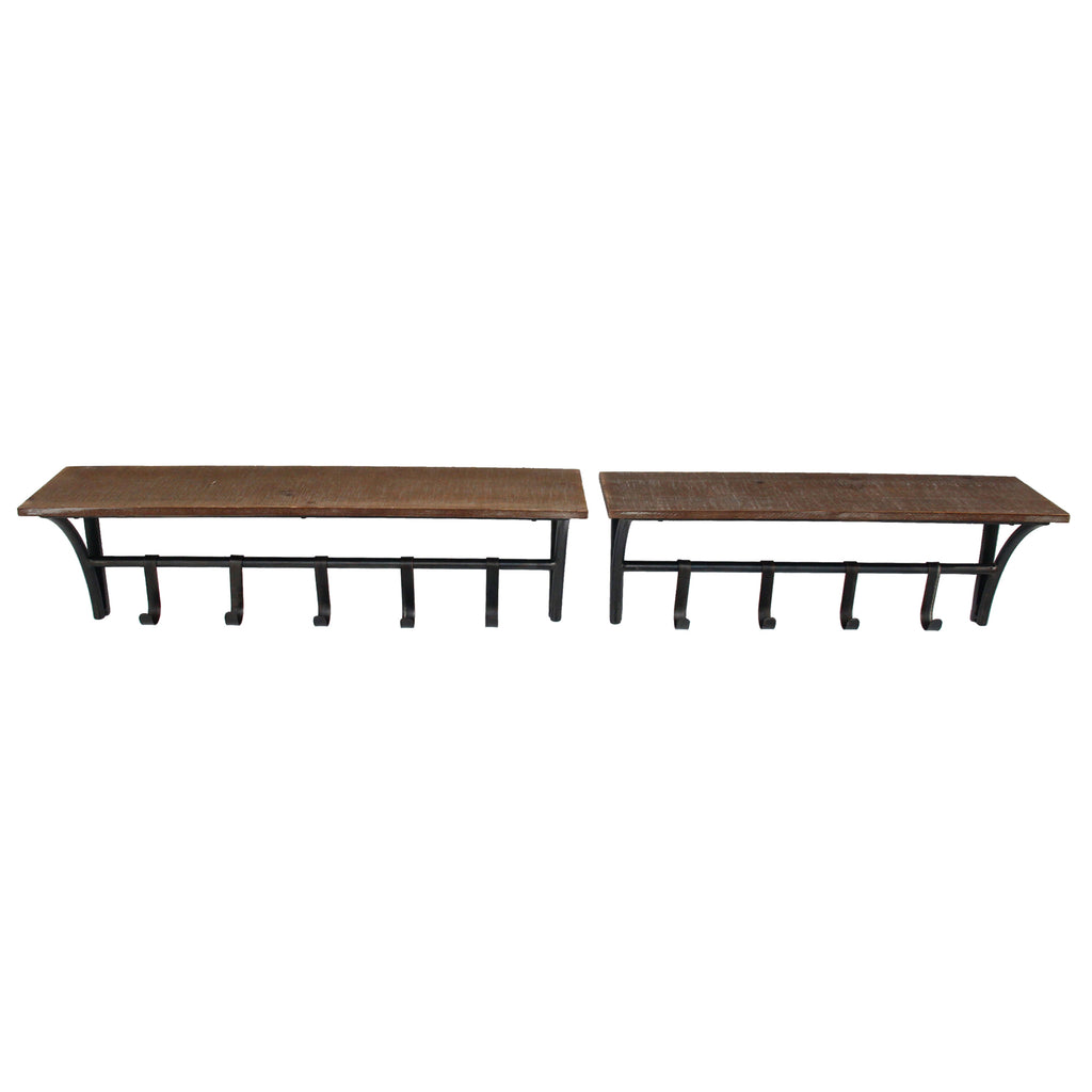 S/2 4 Hook Wood Shelf, Brown - ReeceFurniture.com