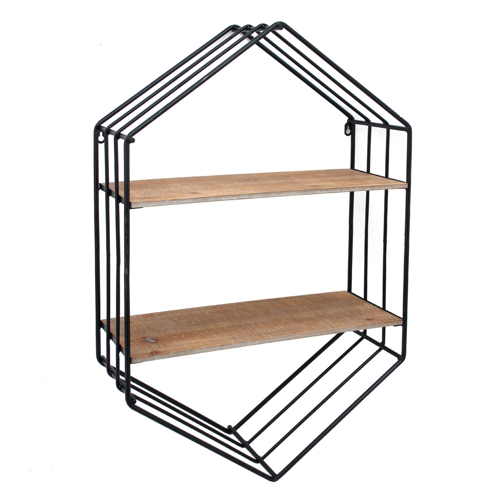 Metal/Wood 20" Hexagon Shelf,Brown/Black - ReeceFurniture.com