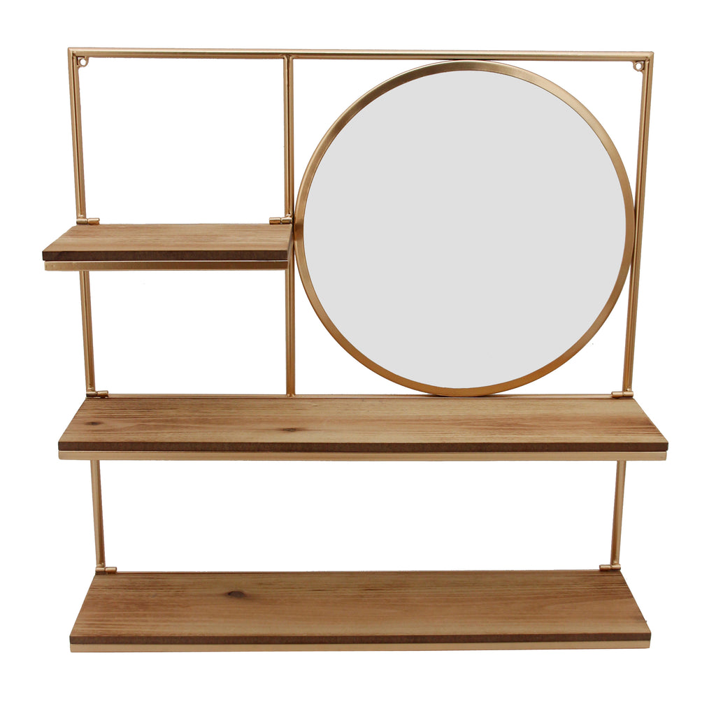 Metal 24"  Wall Shelf W/ Roundmirror, Gold - ReeceFurniture.com