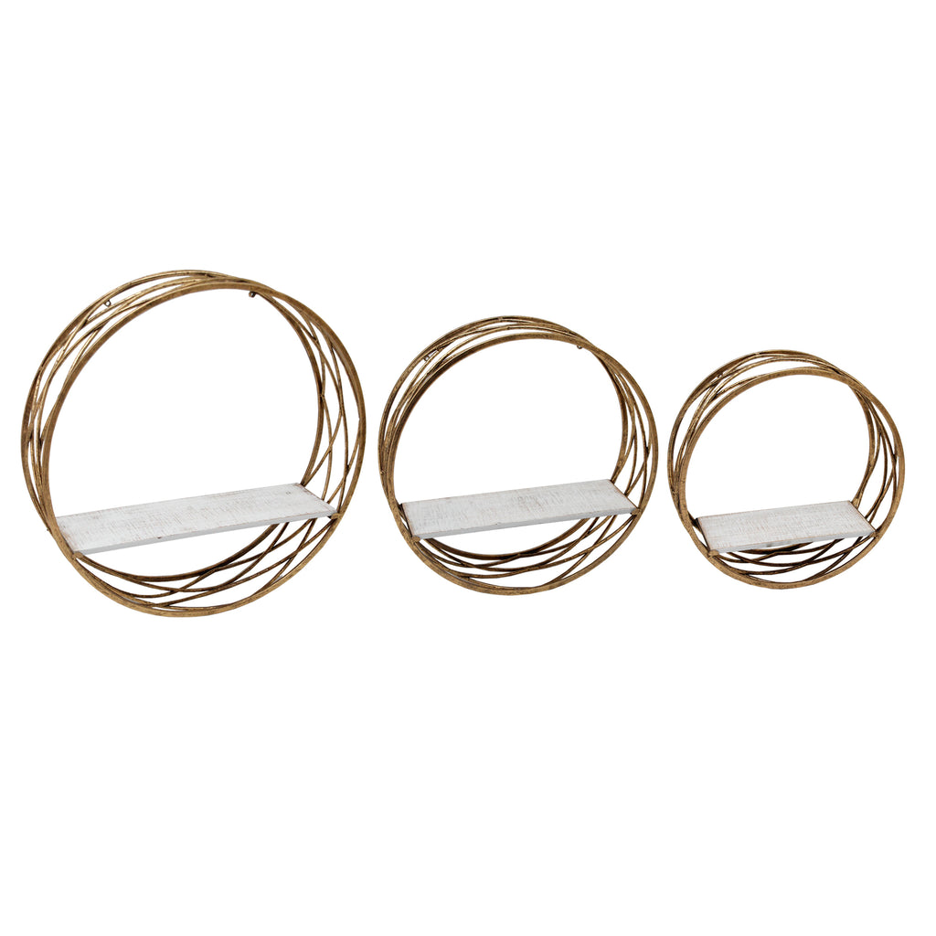 S/3 Metal Round Wall Shelves, White/Gold - ReeceFurniture.com