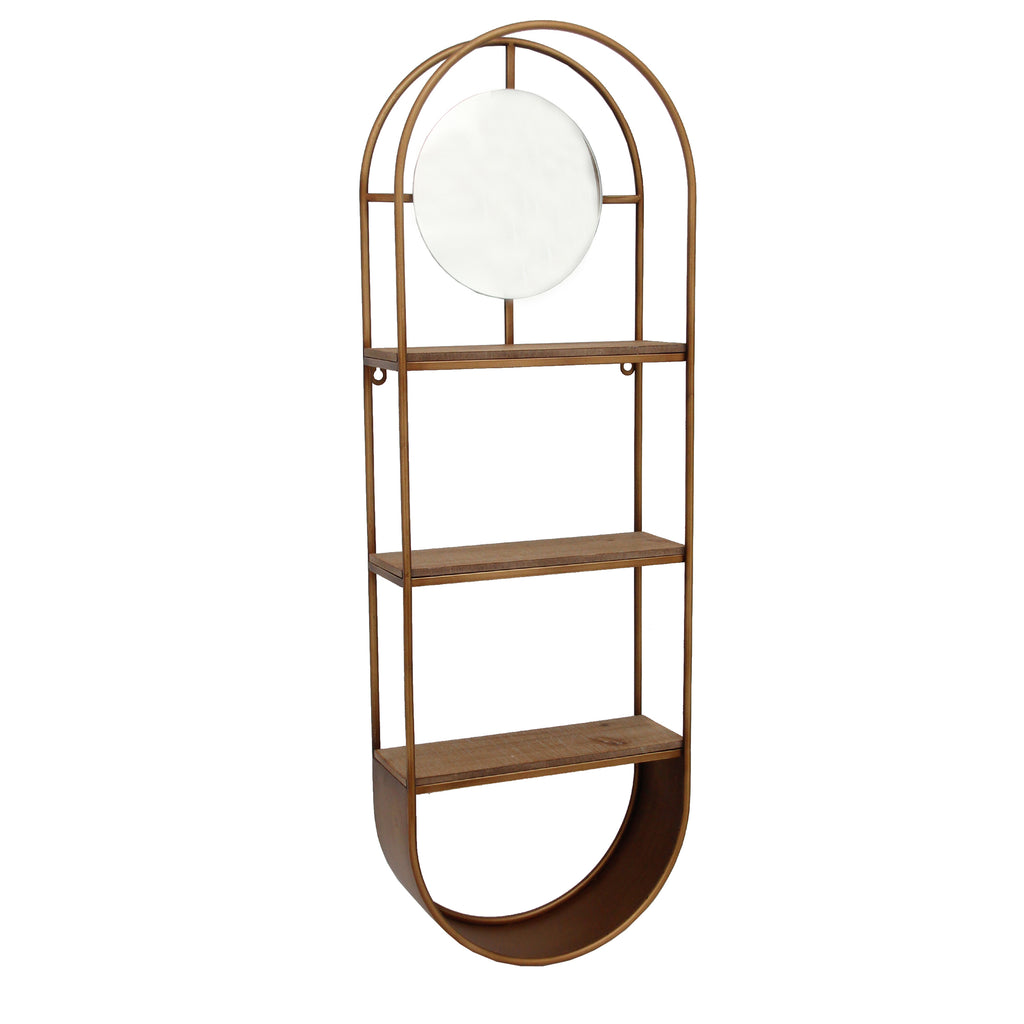 Metal/Wood 35" Oval Wall Shelfw/ Mirror, Bronze - ReeceFurniture.com