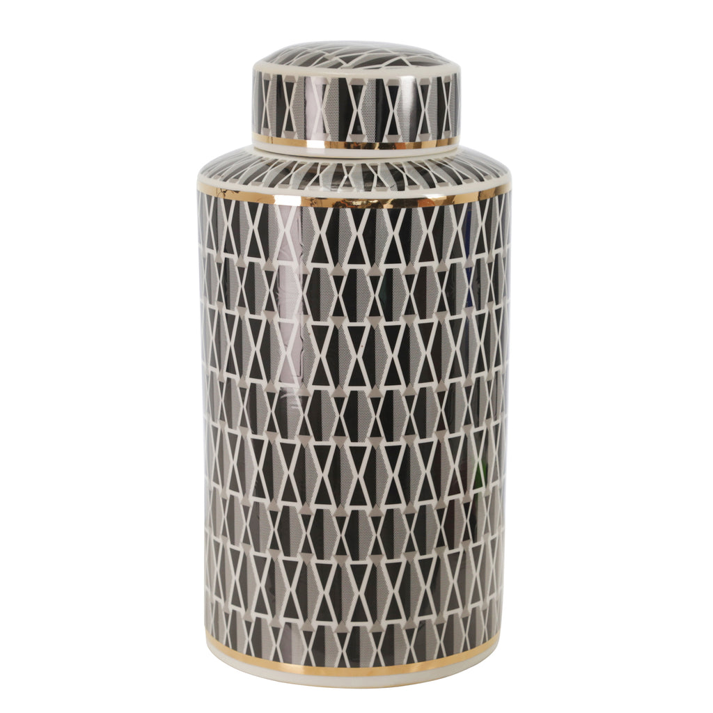 Ceramic 16" Covered Jar, Criss-Cross, Navy - ReeceFurniture.com