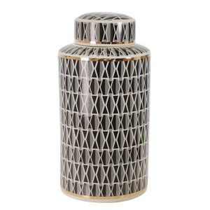 Ceramic 16" Covered Jar, Criss-Cross, Navy - ReeceFurniture.com