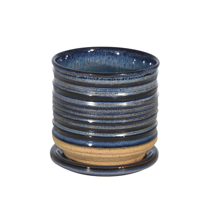 Ceramic 4.5" Textured Planterw/ Saucer, Blue