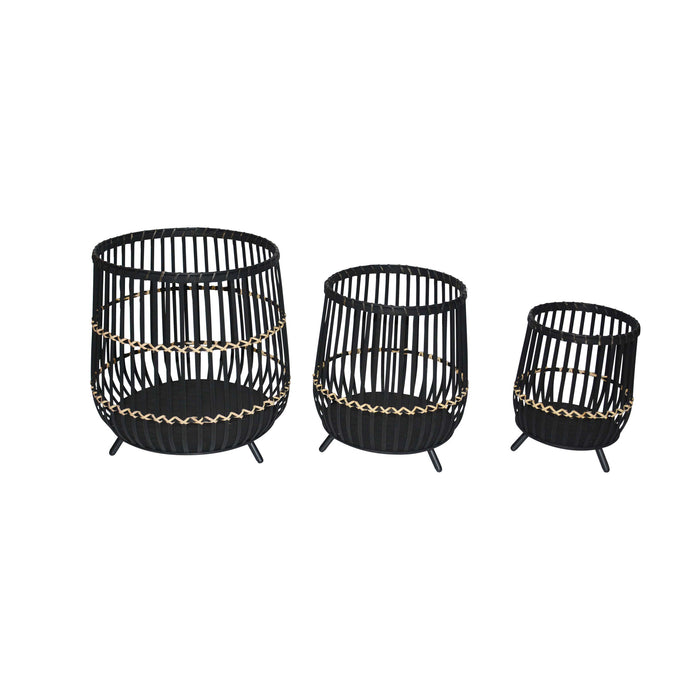 S/3 19/17/13"H Bamboo Planters, Black