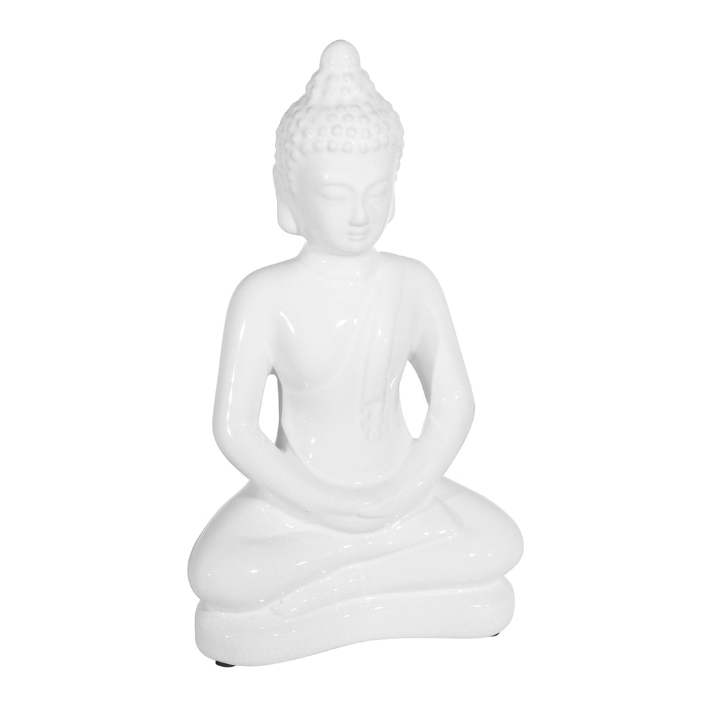 Ceramic, 14" Sitting Buddha, White - ReeceFurniture.com
