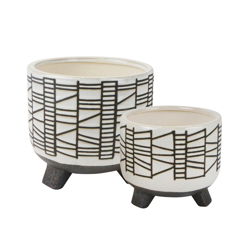 S/2 Ceramic 8/6" Geo Footed Planter, White - ReeceFurniture.com