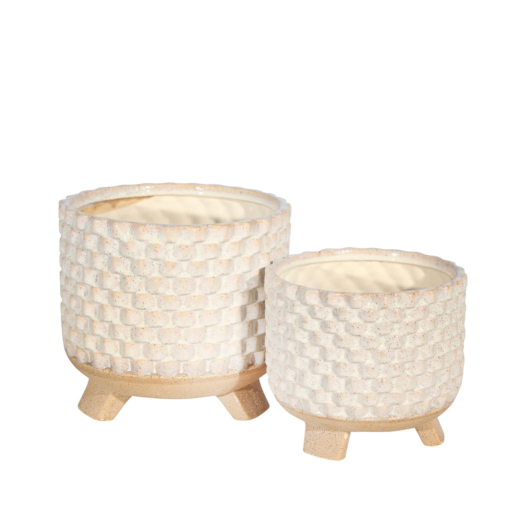 S/2 Ceramic  8/6" Textured Footed Planter, White - ReeceFurniture.com