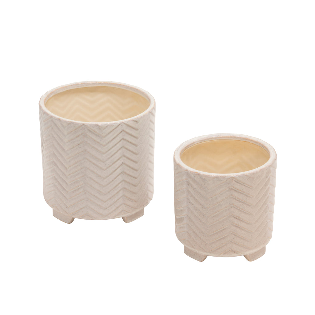 S/2 Ceramic 8/10" Chevron Footed Planter, White - ReeceFurniture.com