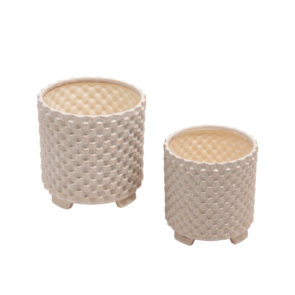 S/2 Ceramic 8/10" Textured Footed Planter, White - ReeceFurniture.com