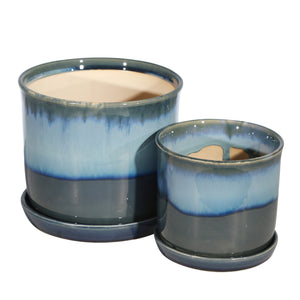 S/2 Ceramic 8/6" Planter W/ Saucer, Blue - ReeceFurniture.com