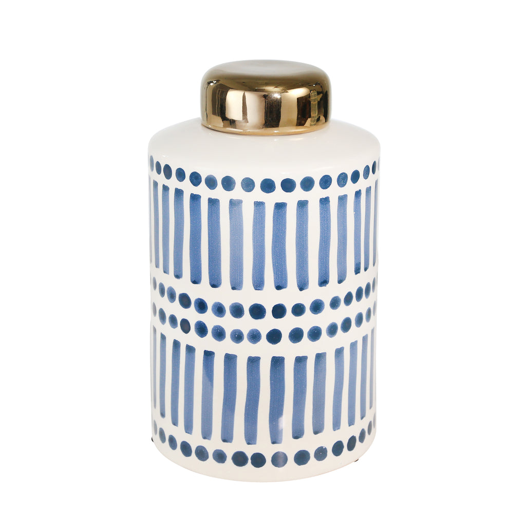 Ceramic 9.5" Jar With Gold Lid, Blue - ReeceFurniture.com