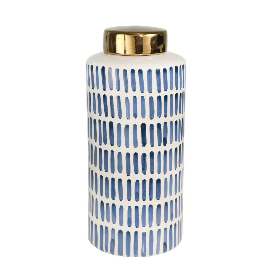 Ceramic 13" Jar With Gold Lid,Blue - ReeceFurniture.com