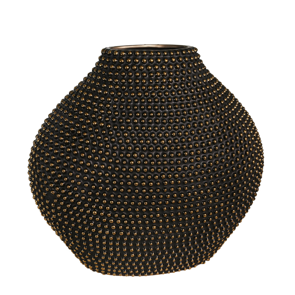 Ceramic 16" Beaded Vase, Black/Gold - ReeceFurniture.com