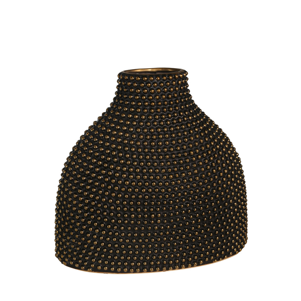 Ceramic 14" Beaded Vase, Black/Gold - ReeceFurniture.com