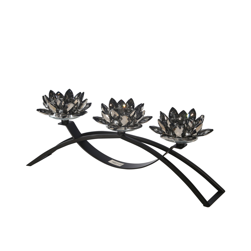 Metal/Glass 16" 3 Lotus Votiveholder, Black/Smoke - ReeceFurniture.com