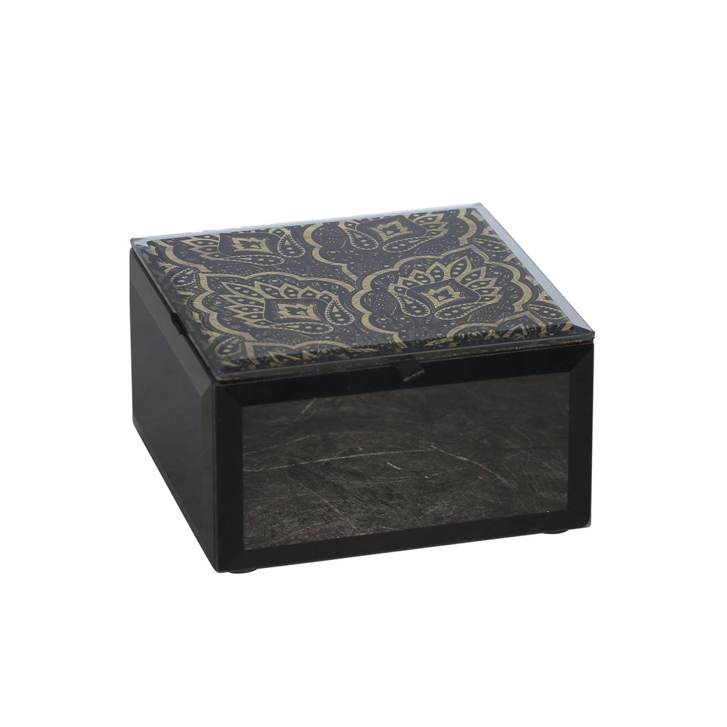 Wood / Glass 5X5" Leaf Designjewelry Box, Black - ReeceFurniture.com