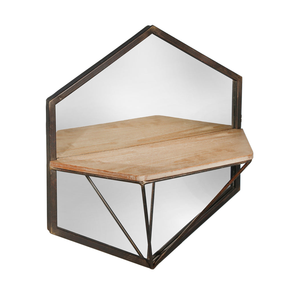 S/2 Metal /Wood Wall Shelf W/ Mirror, Brown - ReeceFurniture.com