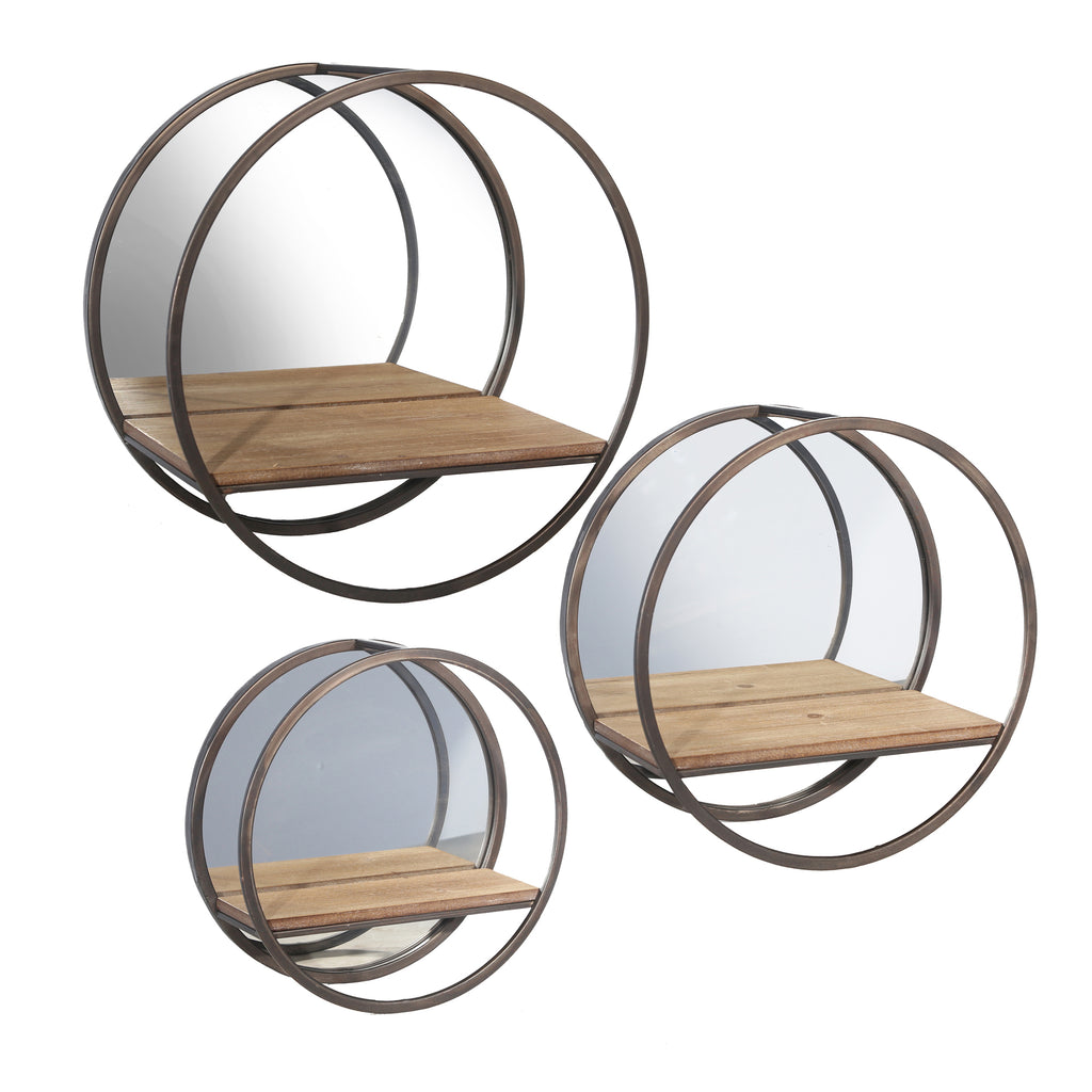 S/3 Metal/ Wood Wall Shelves W/ Mirror, Brown - ReeceFurniture.com
