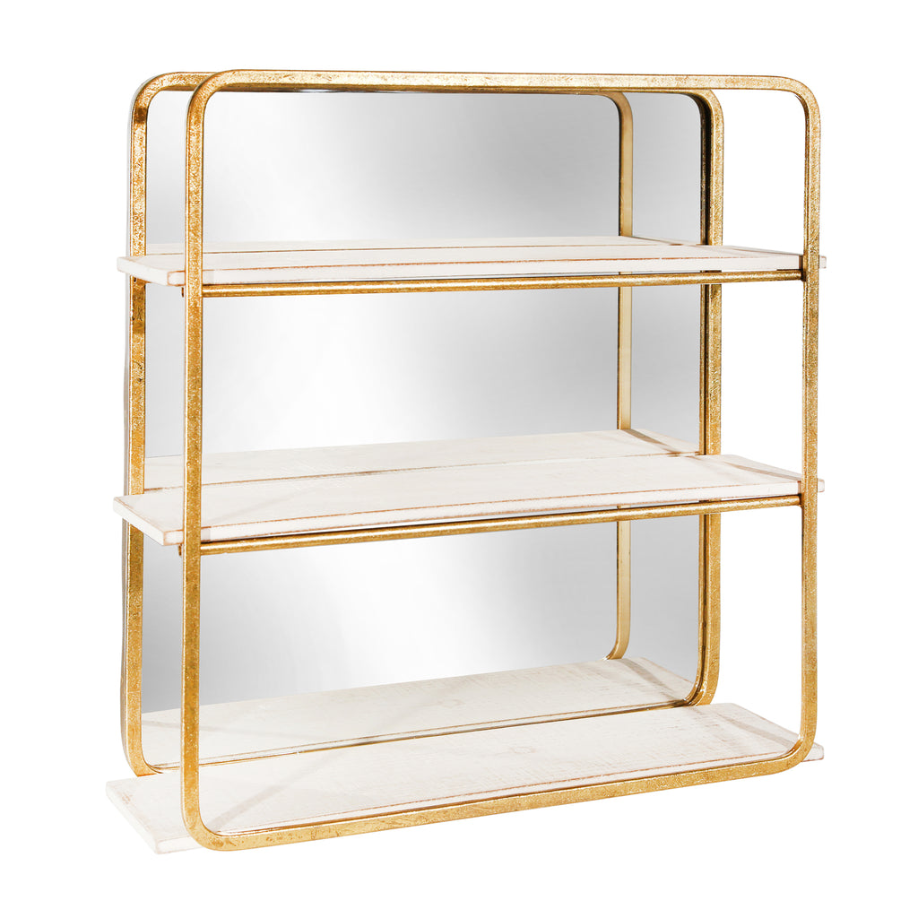 Metal / Wood 3 Tier Wall Shelfw/ Mirror, White - ReeceFurniture.com