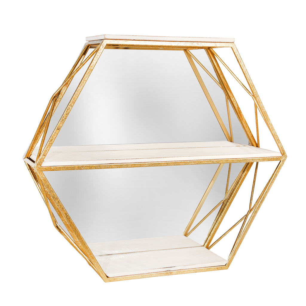 Metal / Wood 3 Tier Hexagon Wall Shelf W/ Mirror, White - ReeceFurniture.com