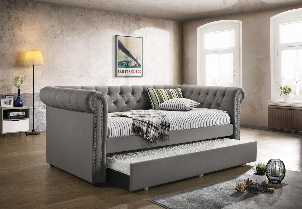 G300549 - Kepner Tufted Upholstered Daybed Grey With Trundle - ReeceFurniture.com