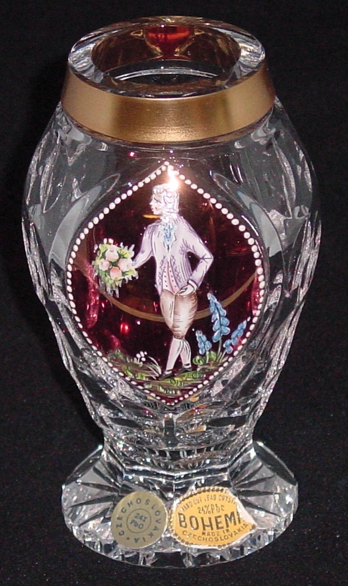 455038 Crystal W/ Cranberry Flashed Glass Oval Panel Of Painted Boy With Bouquet