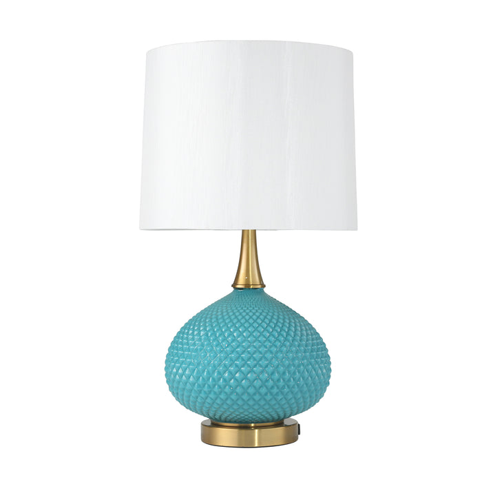 Cut Glass Round Table Lamp W/Usb Port 27"H, Blue