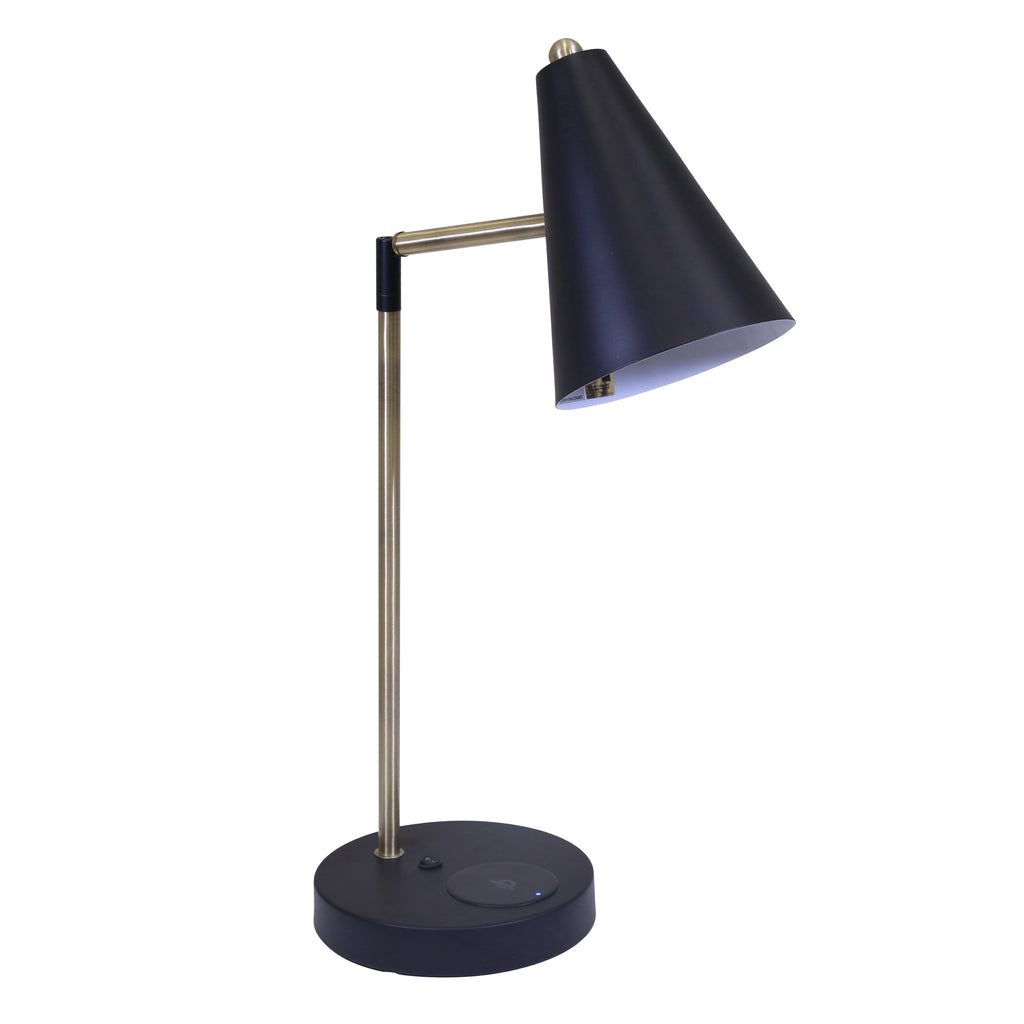 Metal 25" Cone Shade Desk Lampw/ Wireless Charger/Usb, Black - ReeceFurniture.com