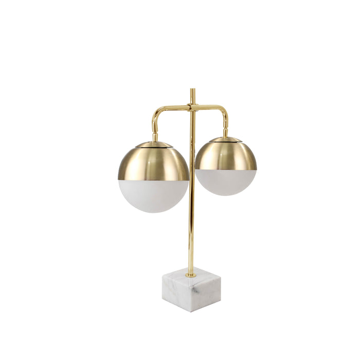 Metal 25" Twin Light Table Lamp On Marble Base, Ant. Brass
