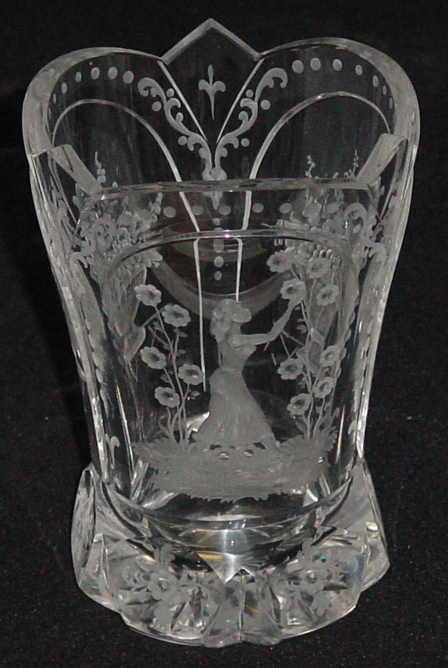 629125 Crystal W/3 Engraved Panel, 1-Lady & Flowers, Basket Of Flwr, Bohemian Glassware, Rimpler, - ReeceFurniture.com - Free Local Pick Ups: Frankenmuth, MI, Indianapolis, IN, Chicago Ridge, IL, and Detroit, MI