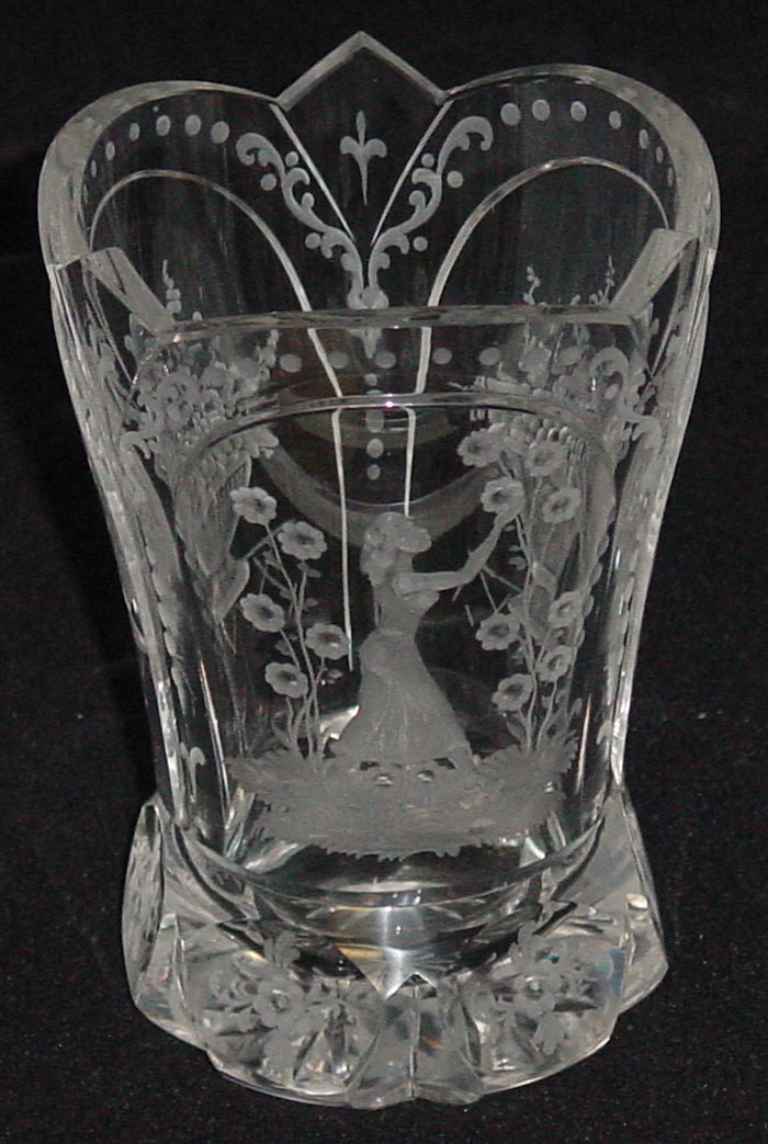 629125 Crystal Glass Engraved Panels, Lady & Basket Of Flowers, Cuts by Rimpler