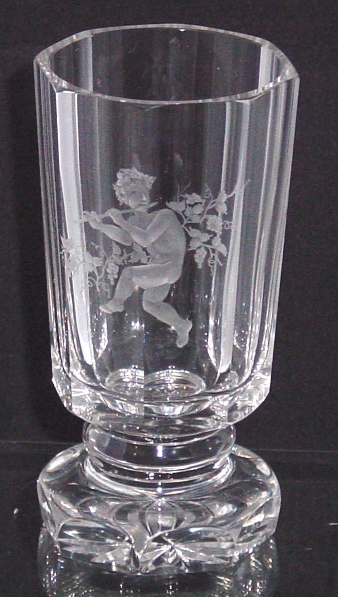 629194 Crystal Glass W/Engraved Boy & Flute, 8 Cut Flat Sides by Adolph Rasche