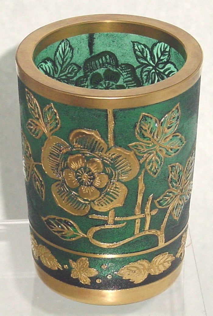 629220 Green Textured Glass W/Gold Cut Back Flowers & Leaves Painted In Gold