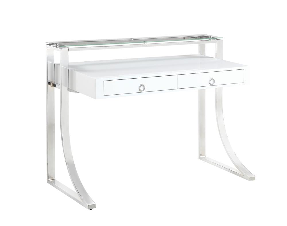 G802141 - Gemma 2-Drawer Writing Desk - Glossy White And Chrome - ReeceFurniture.com