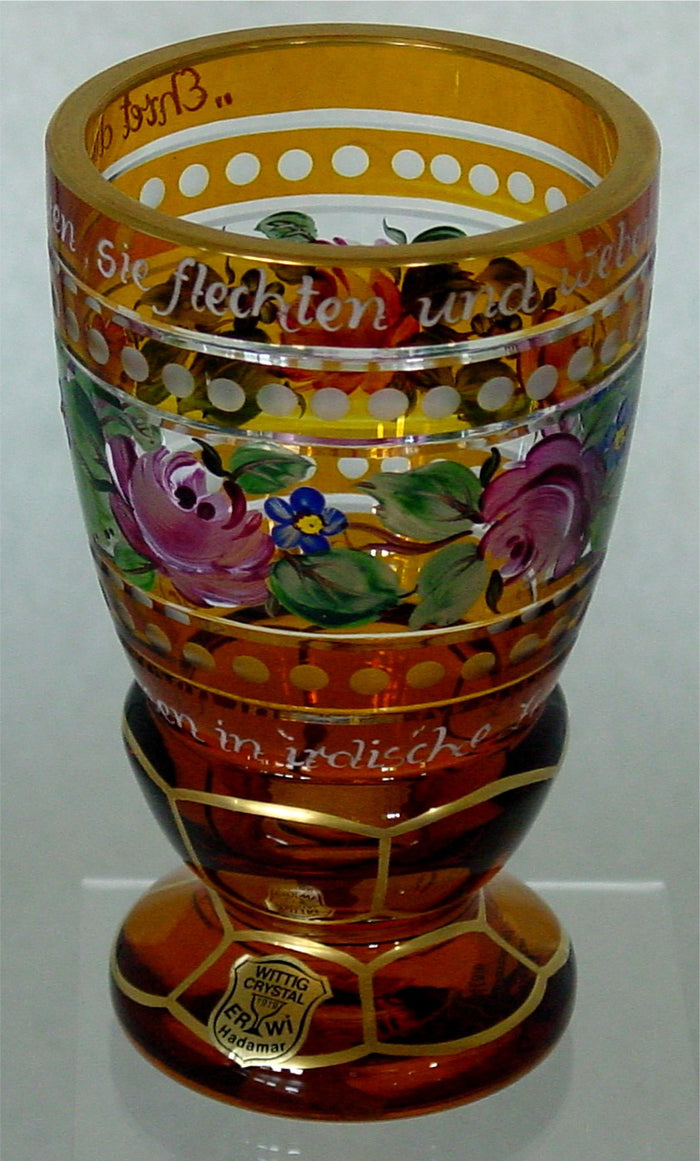 844016 Amber Over Crystal Glass Handpainted Flowrs & Gold Decor W/German Phrases