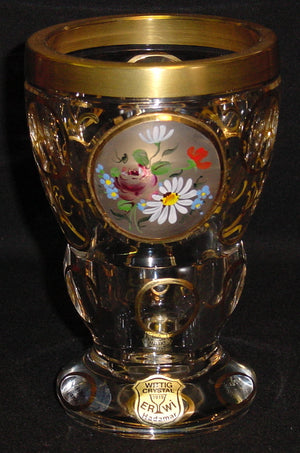 844034 Crystal Glass With Cut Satin Circle With Painted Flowers, Round Cuts On Back & 6 Round Cuts On Stem & 6 Oval On Base Outlined With Gold & Decorations, Bohemian Glassware, Ernest Wittig, - ReeceFurniture.com - Free Local Pick Ups: Frankenmuth, MI, Indianapolis, IN, Chicago Ridge, IL, and Detroit, MI