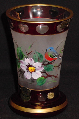 844038 Satin Band Around Center With Painted Flower & Bird, Ruby Flashed Band Around Top & Base, 10 Cut Circles Around Top, Gold Rim, Bohemian Glassware, Ernest Wittig, - ReeceFurniture.com - Free Local Pick Ups: Frankenmuth, MI, Indianapolis, IN, Chicago Ridge, IL, and Detroit, MI