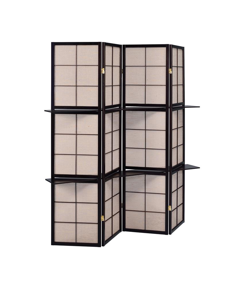 G900166 - 4-Panel Folding Screen With Removable Shelves - Tan And Cappuccino - ReeceFurniture.com