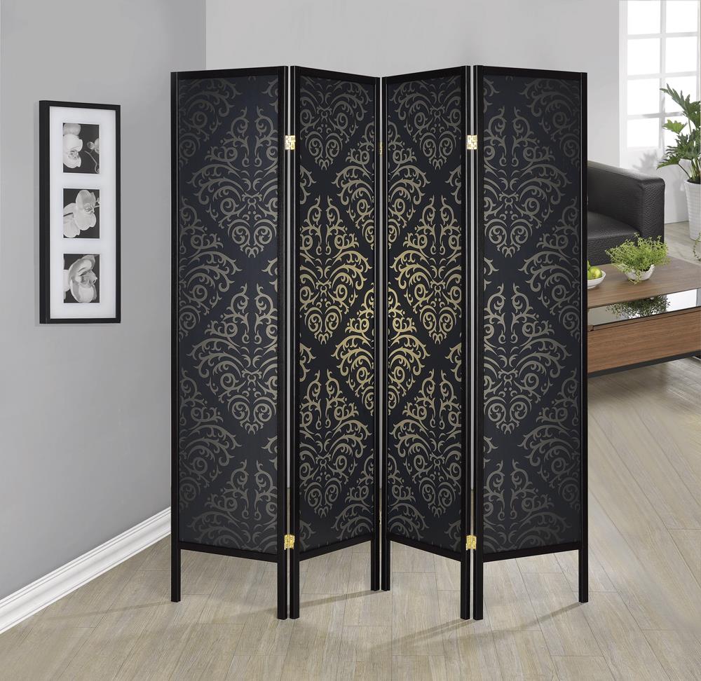 G901632 - 4-Panel Damask Pattern Folding Screen - Black - ReeceFurniture.com