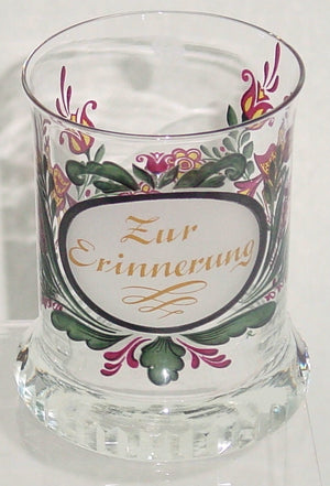 910065 Crystal Glass With Satin Oval Circle With Zur Erinnerung, Painted Flowers On Back, Cuts On Base, Bohemian Glassware, Antique, - ReeceFurniture.com - Free Local Pick Ups: Frankenmuth, MI, Indianapolis, IN, Chicago Ridge, IL, and Detroit, MI