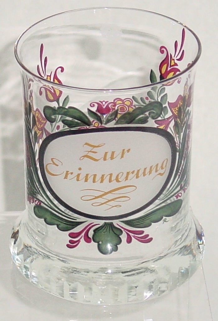 910065 Crystal Glass With Satin Oval With Zur Erinnerung Painted Flowers & Birds