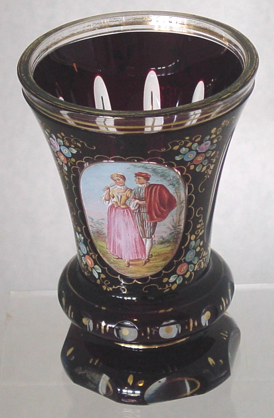 910079 Ruby Cased W/Cut Oval Panel Of Pntd Lady & Man, 7 Long Cuts, Bohemian Glassware, Antique, - ReeceFurniture.com - Free Local Pick Ups: Frankenmuth, MI, Indianapolis, IN, Chicago Ridge, IL, and Detroit, MI